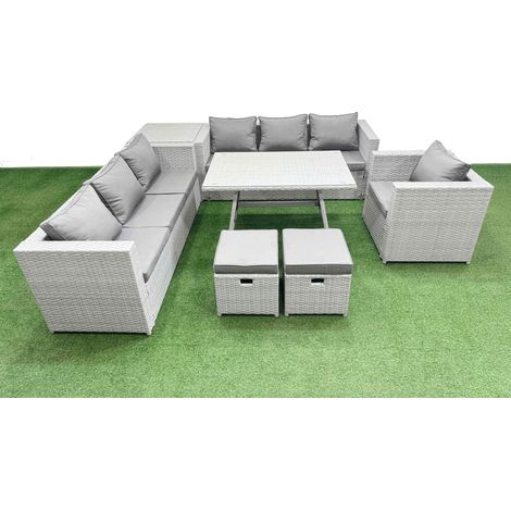 Fimous Outdoor Rattan Garden Furniture Dining Set 9-seater Patio Rectangular Table 3 Seater Sofa Armchair Set with Side Table 2 Small Stools (1/4)
