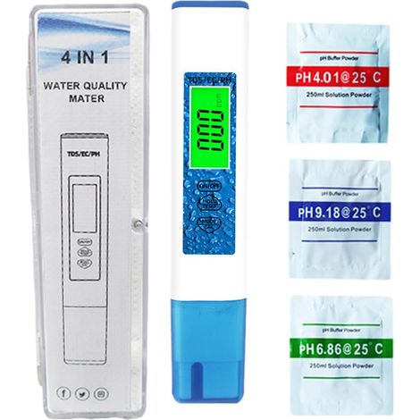Appareil de mesure de la qualité de l'eau  Appareil 4 en 1 : mesure du TDS, pH-mètre numérique, mesure de la qualité de l'eau pour aquarium, conductimètre précis, thermomètre pour eau (1/5)