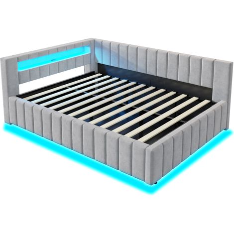 Polsterbett 140x200 cm in Hellgrau Samt mit LED, USB-Anschluss und Lattenrost (1/5)