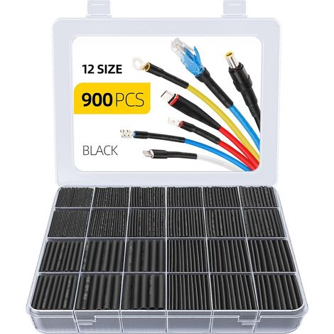 Gaine Thermorétractable 900 Pièces, IP56 Étanchéité, EVA Matériau, Total 40.5 m, 12 Tailles, 2:1 Rétrécissement Idéal pour l'isolation Électrique et Les Connexions de Fils, Jamais Estompé (1/5)