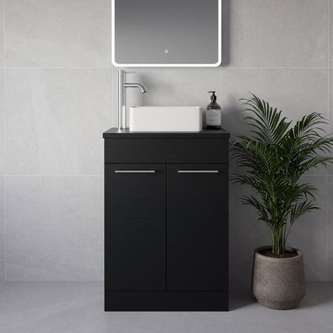 Napoli 390 Nero Oak 600mm 2 Door Vanity Unit for Countertop Basins - 600mm - Chrome 160mm Handle
