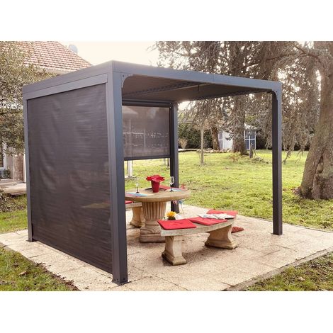 Habrita – Pergola bioclimatique aluminium 7,2m2 – 2 rideaux manuels 3m et 2,4m – Ventelles orientables – Structure gris anthracite (1/5)