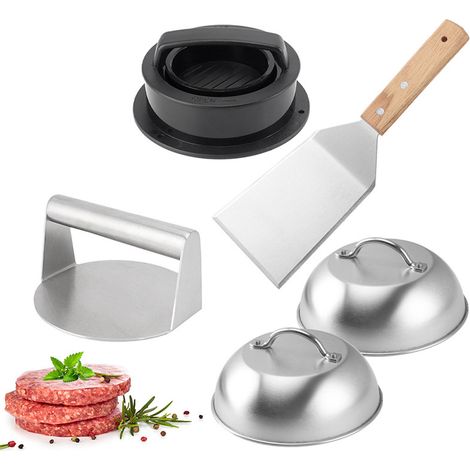 Presse à hamburgers en acier inoxydable, ensemble de grillades en métal avec manche en bois, compatible lave-vaisselle, pour cuire des steaks hachés, écraser la viande et faire fondre le fromage (1/5)