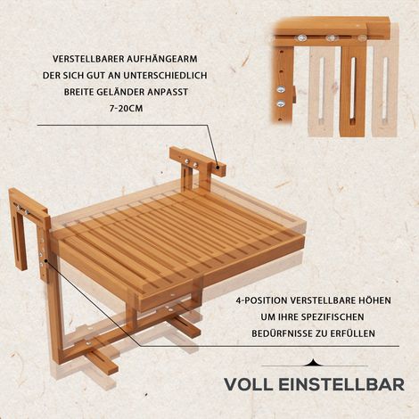 Table de balcon escamotable, table de jardin pliable extérieur, résistante aux intempéries, hauteur ajustable, dimensions 68x65x55 cm, teck (1/4)