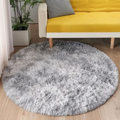 Moderner, runder Hochflorteppich, weich und flauschig, hellgrau, 120 cm, langer Flor, für das Wohnzimmer, komfortabler und dicker Teppich (1/4)