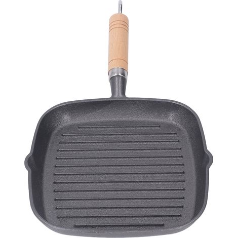 Poêle à griller multifonction antiadhésive carrée en fonte avec manche en bois pour bacon, steak et oignons (1/5)