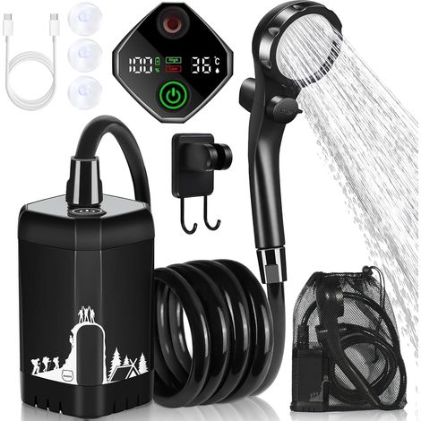 Douche Camping Portable, 7800 mAh, Pompe Rechargeable pour Douche électrique d'extérieur avec Affichage numérique Intelligent de la température, pommeau Douche pour Camping, randonnée (1/5)