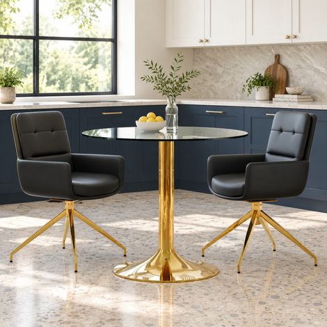Conjunto mesa redonda 85 cm cristal templado con 2 sillas giratorias PU negro y dorado DESVIAE (1/5)