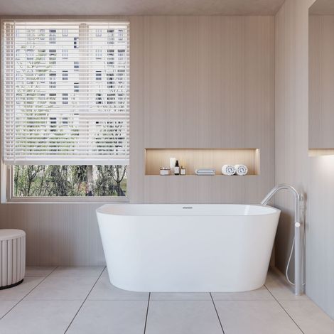 Vasca da Bagno a Isola in Acrilico 150x75x58 cm Semi-Freestanding Colore Bianco Angolo a Parete (1/5)