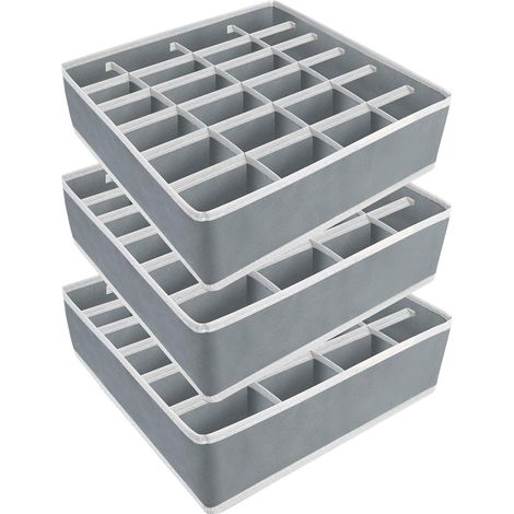 Juego de 3 organizadores de ropa interior, cajones plegables de 24 compartimentos para calcetines, bragas, cinturones y corbatas (gris)