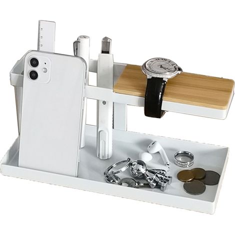 Plateau de bureau multifonction en fer, 2 niveaux, pour clés, télécommandes, téléphones portables, lunettes, blanc (1/5)