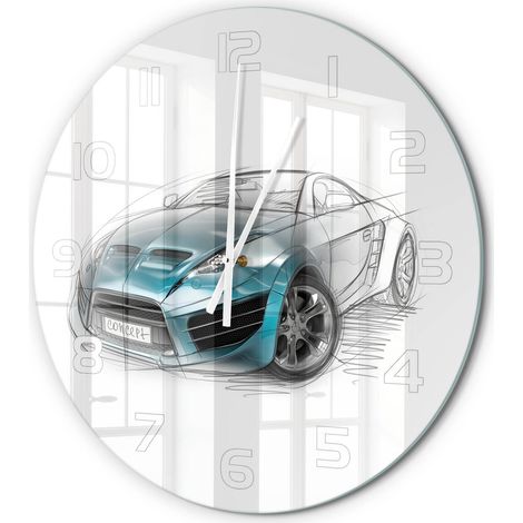 Horloge Murale Ronde Intérieur en Verre Silencieuse Moderne Toute Pièce Croquis de voiture fi 60 cm (1/5)