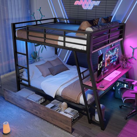 Cama alta 140/200 cm negra con LED, escritorio y cajones (1/5)