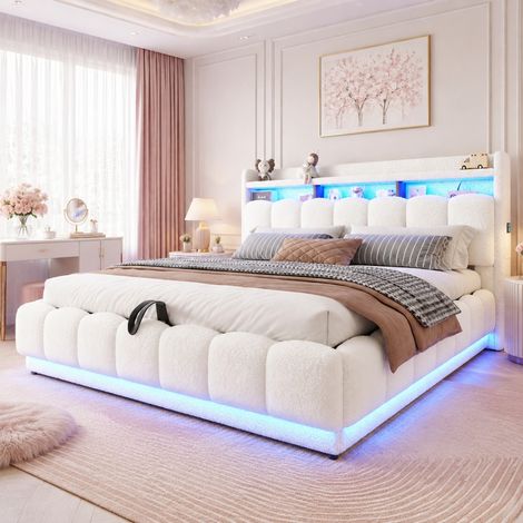 Letto imbottito 180x200 cm con contenitore idraulico, LED, USB, metallo, bianco (1/5)
