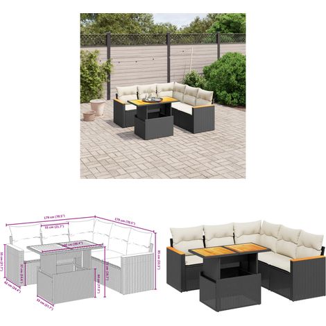 Salon de jardin 6 pcs avec coussins noir résine tressée - Ensemble Salon De Jardin - Meuble Extérieur - Résine Tressée - Rotin Synthétique - Table Extensible - Home & Living (1/3)