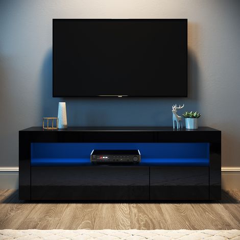 ELEGANT Modern TV Unit Cabinet Black Gloss with LED Lights TV Stand Entertainment Center for Living Room Bedroom with Storage Furniture for 32 43 47 50 52 inch 4k TV