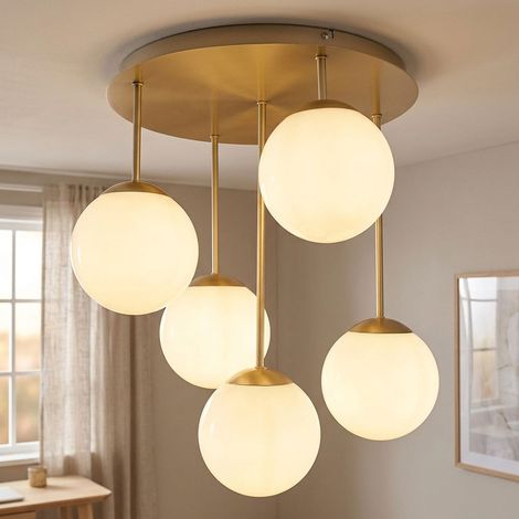 Plafonnier LED, lampe de salon à 5 ampoules, verre champagne, H 51 cm (1/5)