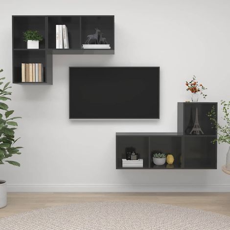 vidaXL Muebles de salón de pared 4 pzas madera ingeniería gris brillo (1/5)