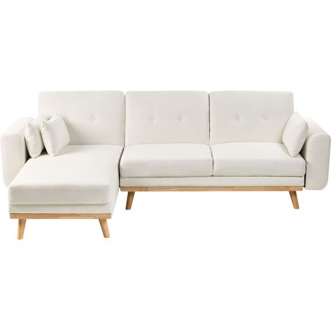 Right Hand Corner Sofa White Fabric Upholstered L-Shaped Tufted Cushioned Seat with Scatter Cushions and Sleeping Function KAARINA (1/5)