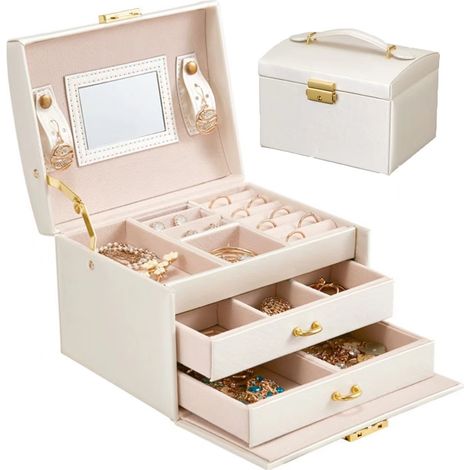Schmuckkästchen, Schmuckaufbewahrungsbox für Damen, PU-Leder-Schmuckkästchen mit 2 Schubladen, abschließbarer Schmuckkoffer mit Spiegel, tragbare Reisetruhe, samtbezogene Innenseite