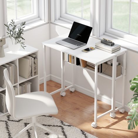 Blanc 80x50x75 cm - Bureau pliant doté de étagère à roulettes et poche de rangement, idéal pour les petits espaces