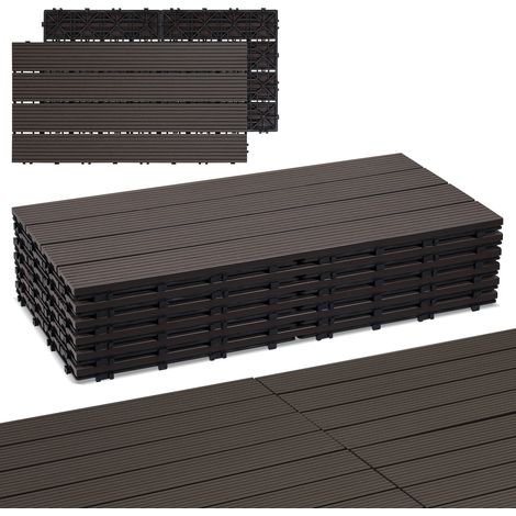 Jiubiaz Confezione da 18 piastrelle per decking in WPC, 4 listelli, 3 m², 30 x 60 cm, marrone caffè, piastrelle in legno composito con clip
