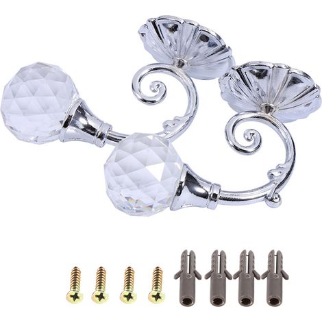2x Crochets métalliques pour embrasses de rideaux en verre cristal, supports muraux argentés, crochets de fenêtre et de porte-rideau.