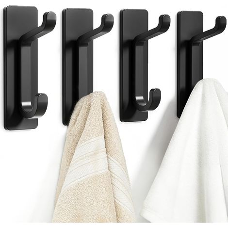 Porte-serviettes sans perçage : crochets adhésifs extra-résistants (6 kg), crochets muraux auto-adhésifs, patères pour salle de bain, crochets porte-serviettes et porte-manteaux, lot de 4, noir (1/5)