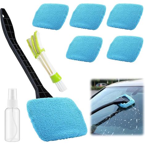Kit de nettoyage pour pare-brise de voiture, nettoyant pour vitres de voiture, kit d'essuie-glace de voiture avec 6 tampons en microfibre et 1 flacon pulvérisateur et 1 brosse de dégazage verte pour (1/5)