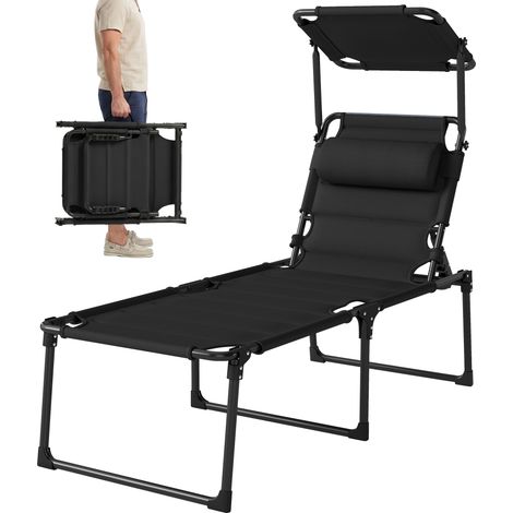 Transat pliable avec pare-soleil et appui-tête réglable en tissu Oxford, 70 x 200 x 45 cm, noir