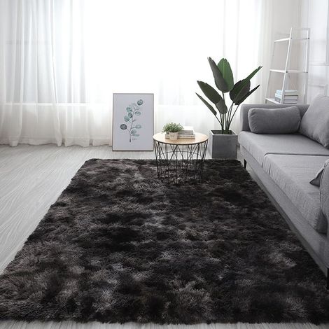 Tapis à poils longs - moquette - tapis de salon - tapis 160x230 - tapis peluche tie-dye - fibres de polyester - noir et gris (1/5)