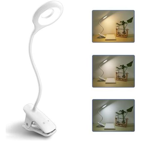 3W Kabellose LED-Schreibtischlampe Wiederaufladbar, 24 LEDs, Berührungs-Bettlampe mit Clip, 3 Farben und 3 Helligkeitsstufen, Kleine Leselampe für Kinder zum Lesen im Bett, Tragbare Klemmleuchte Weiß (1/5)