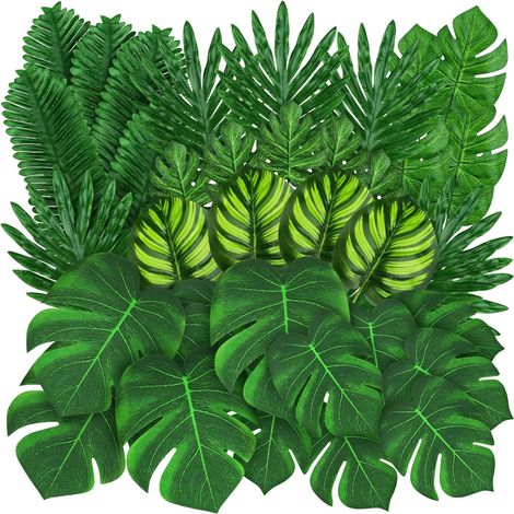50 Pièces Feuilles Tropicales Artificielles De Palmier Vert Monstera Artificielles Plantes Tropicales pour Jungle Anniversaire Hawaïen Décorations (1/5)