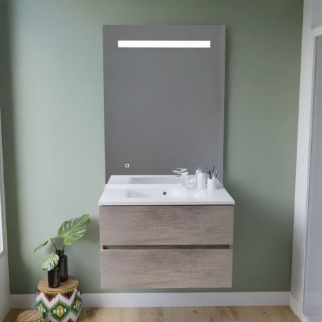 Meuble vasque ROSALY INOX 80 cm + miroir Elégance ht105- Bois- Plan vasque en Résine