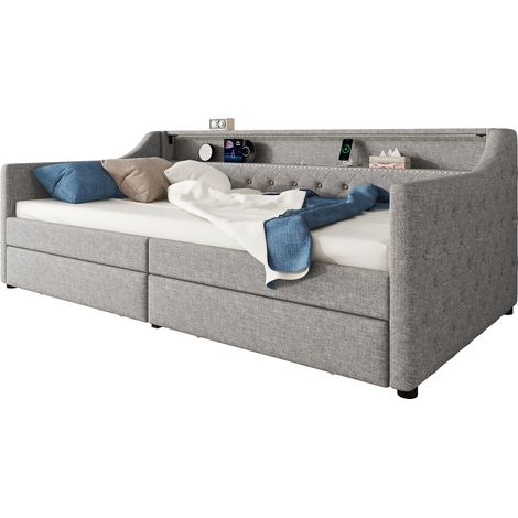 Divano letto in lino grigio 90x200 cm con rete a doghe, 2 cassetti, luce LED e porta USB