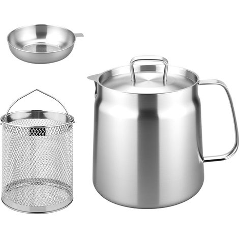 Contenitore per grasso in acciaio inox per pancetta, 2 litri, pentola con colino per cucinare, friggere e scolare l'olio, adatta a tutti i tipi di fornelli, friggitrice in acciaio inox (1/5)