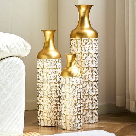 Set de 3 jarrones de suelo 50/66/85 cm en metal dorado y blanco, FloraGrace (1/5)