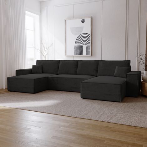 Emporius Canapé d'angle Bergamo U, 377 cm, 6 places - canapé convertible, tissu velours noir (1/5)