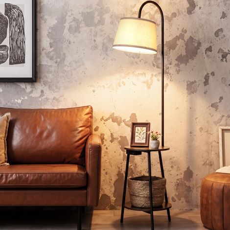 Lampadaire avec Étagères et Port USB – Lampadaire en Bois Style Vintage, 2 Étagères, Abat-jour Blanc, Douille E27, Interrupteur à Bascule, H 165 cm, pour Salon, Chambre et Bureau (1/5)