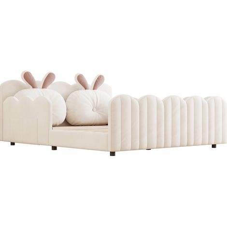 Cama plataforma tapizada 140x200 cm con barandillas y cojín con forma de conejo, beige MODENUIT (1/5)