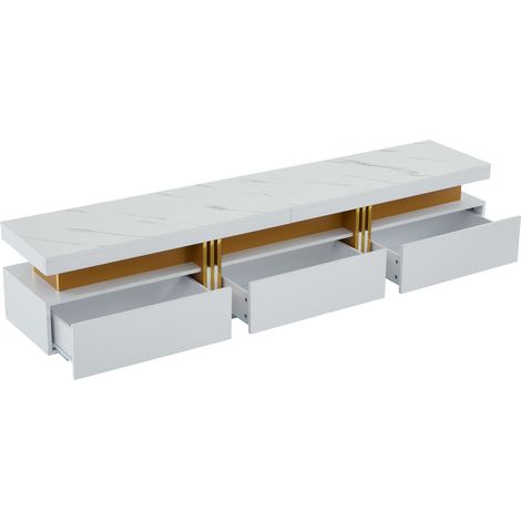 Mueble TV con 3 Cajones y Pasacables, Tablero Efecto Mármol, Estilo Moderno, en Tablero de Partículas, 200×40×42 cm, Blanco (1/5)