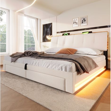 Bett mit Bettkasten 180x200 cm, Leinen beige, LED, USB-C, Stauraum – ohne Matratze – MEUBLIV (1/5)