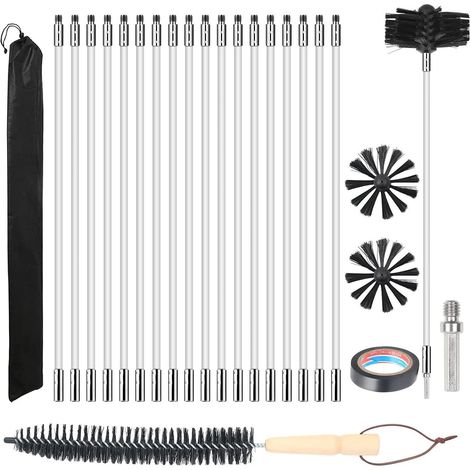 24-teiliges Kaminreinigungsbürsten-Set mit 18 flexiblen Nylonstäben + 2 Bürstenköpfen + 1 langer Holzbürste + Aufbewahrungstasche, Auspuffrohr, Kaminhaube (1/5)
