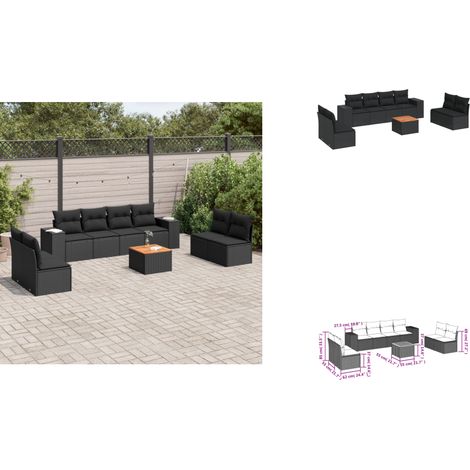 9-tlg. Garten-Sofagarnitur mit Kissen Schwarz Poly Rattan - Gartensorte - Outdoor Möbel - Gartenlounge - Lounge Set - Rattan Gartenmöbel (1/3)