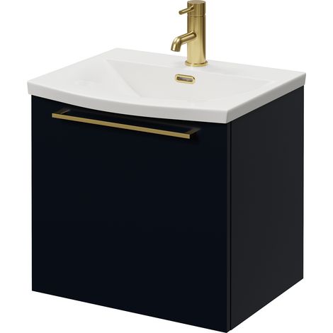 Napoli 390 Deep Blue 500mm Wall Mounted Single Drawer Vanity Unit with Arc Basin - 500mm - Brushed Brass 320mm Handle