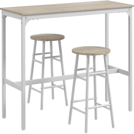 Set Bar Tavolo Alto e 2 Sgabelli con Poggiapiedi Stile Industriale in MDF e Acciaio Bianco e Rovere (1/5)