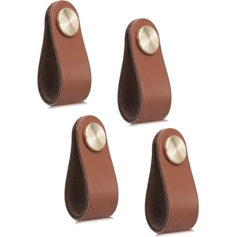 Quatre poignées de meubles en cuir, style vintage, convenant aux armoires et coiffeuses, à un seul trou. (1/4)