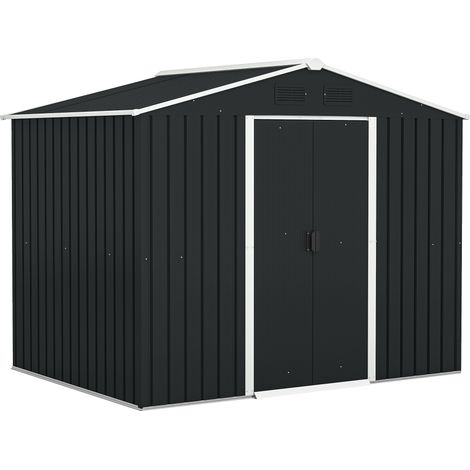 Casetta da Giardino 3.6m² in Acciaio Zincato con Prese d'Aria, Capanno da Giardino con Tetto Inclinato, Doppie Porte Scorrevoli Bloccabili, Capanno Porta Attrezzi, 236x174x190cm, Grigio Scuro