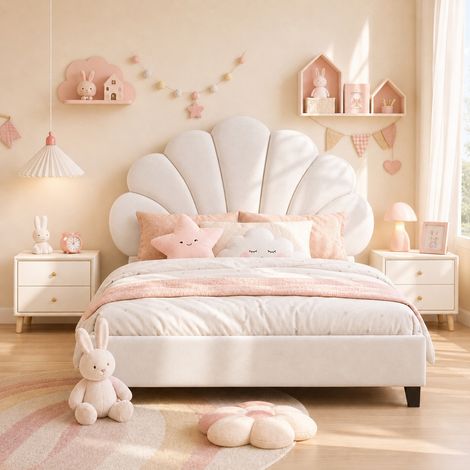 Lit 90x200 cm avec sommier, Lit enfant simple 90x200 en velours beige avec tête de lit rembourrée fleurie, cadre métallique , pour enfants et adolescents