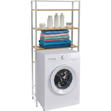 Scaffale Sopra Lavatrice Salvaspazio 3 Ripiani Mobile Bagno e Lavanderia Struttura in Metallo Bianco e Mensole Effetto Legno Organizer Detersivi Multiuso 68x24x163 cm (1/5)